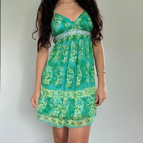 Vibrant green and yellow abstract print mini dress by City Triangles - Picture 1 of 8